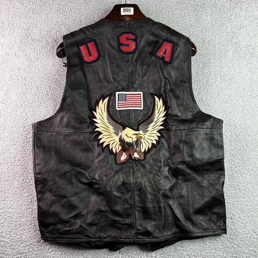 Oscar Piel Mens Leather Vest Black Usa Eagle Waist Length V Neck L‎ M